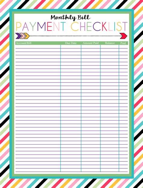 printable monthly bill payment checklist  printable