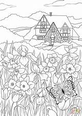 Coloring Country House Flowers Spring Butterfly Pages Flower Printable Colouring Drawing Easter Butterflies Book Fall Mandala Vintage sketch template
