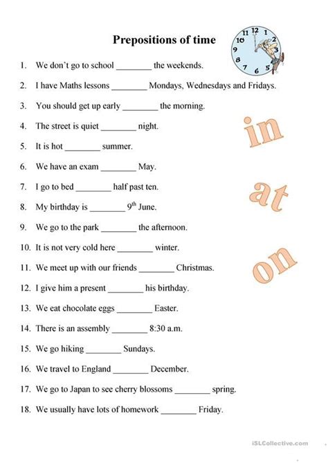 prepositions  time preposition worksheets english grammar