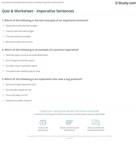 quiz and worksheet imperative sentences