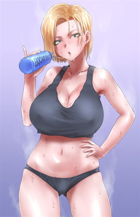 rule 34 android 18 artist request blonde hair blue eyes bottle breasts cleavage dragon ball