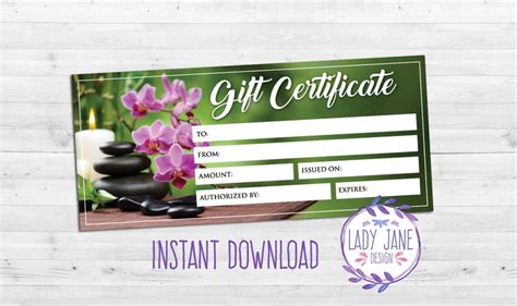gift certificate spa day printable etsy