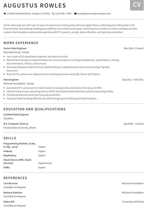 data engineer resume sample  writing tips  cvmakercom