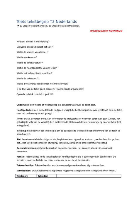 samenvatting nederlands tekstbegrip  havo toets tekstbegrip  nederlands  vragen tekst