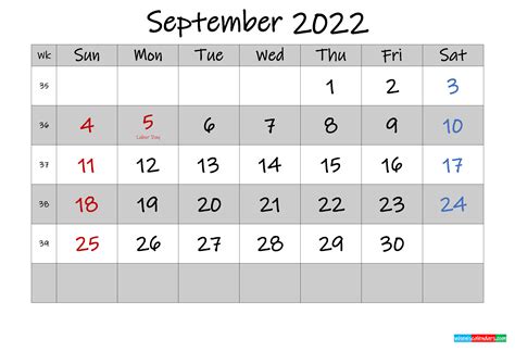 september  calendar  holidays printable  printable