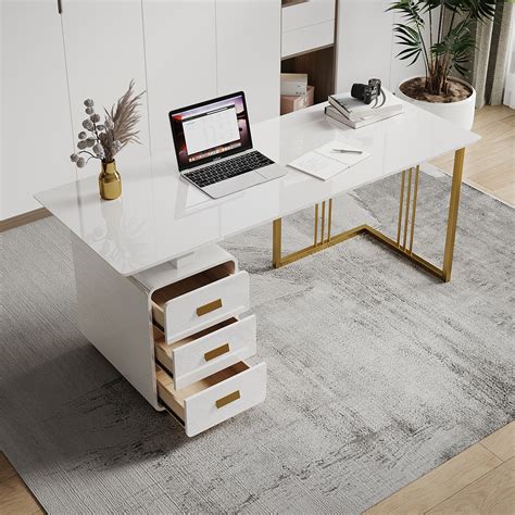 modern white home office executive desk  drawers storage cabinet