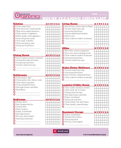 printable cleaning checklist template