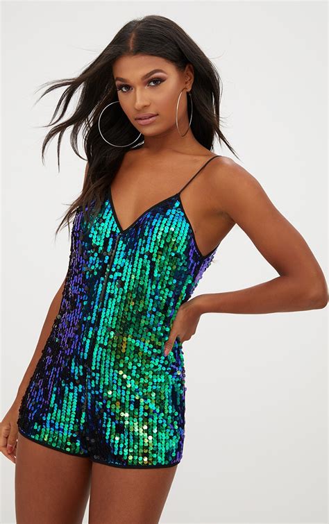 Green Blue Sequin Plunge Playsuit Prettylittlething