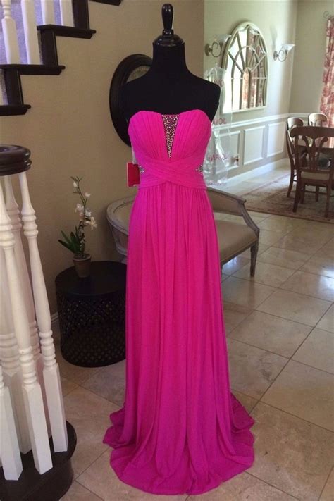 Sheath Strapless Sheer Back Long Hot Pink Chiffon Beaded Prom Dress