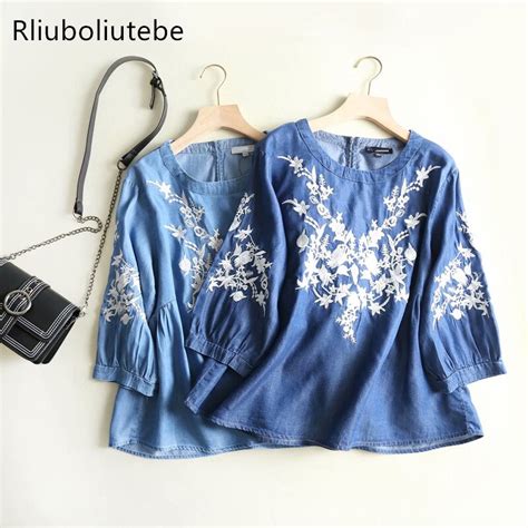 buy embroidery women denim blouse spring soft jeans floral blouse light blue