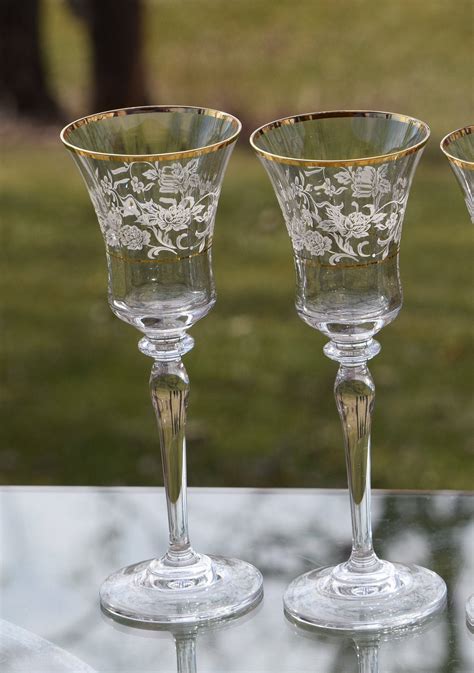 Vintage Gold Rimmed Etched Wine Glasses Set Of 2 Antique Lace