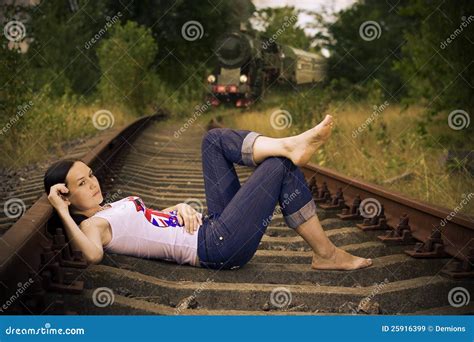 The Girl On Rails Stock Image Image Of Railing Asphalt 25916399