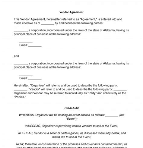 vendor agreement sample template word
