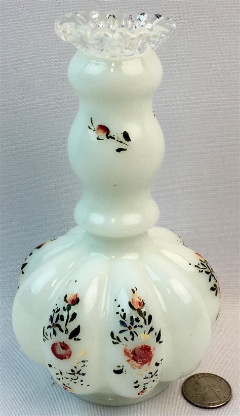 Lot Vintage Fenton Milk Glass Flowered Vase W Ruffled Crystal Edge