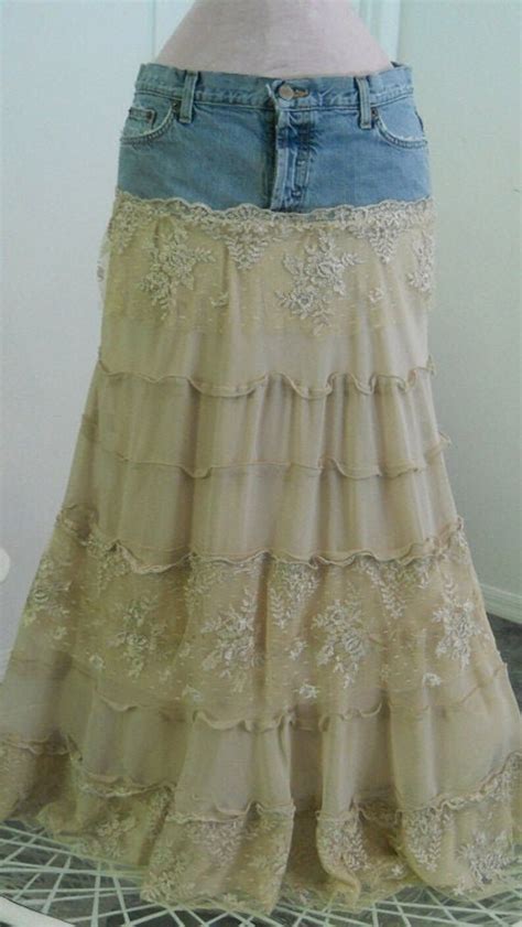 bohemian jean skirt gorgeous ecru lace tiered ruffled frou etsy