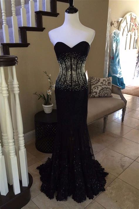 fantastic mermaid strapless sweetheart black lace beaded prom dress