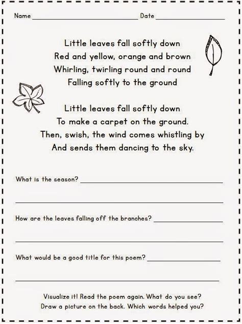 poem worksheet printable grade  learning   read