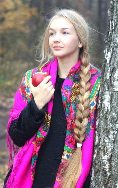 russian girl in traditional shawl beautiful long hair long blonde