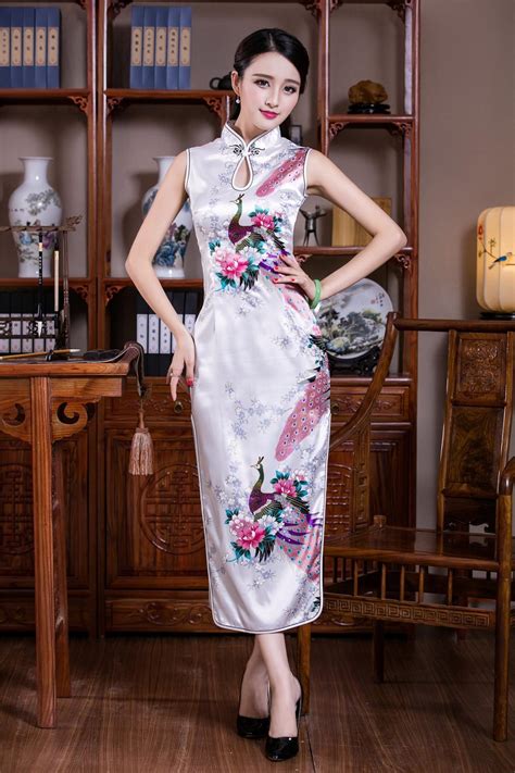 Shanghai Story New Arrival Faux Silk Long Cheongsam Dress Peacock Print