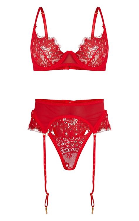 red underwired delicate lace 3 piece lingerie set prettylittlething usa