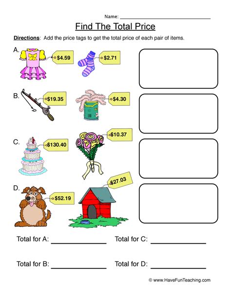 find  total price pictures worksheet  fun teaching