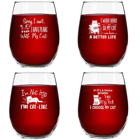 Funny Cat Stemless Wine Glasses Set Of 4 T Idea For