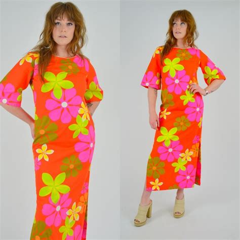 1960s mod psychedelic floral maxi dress small gem
