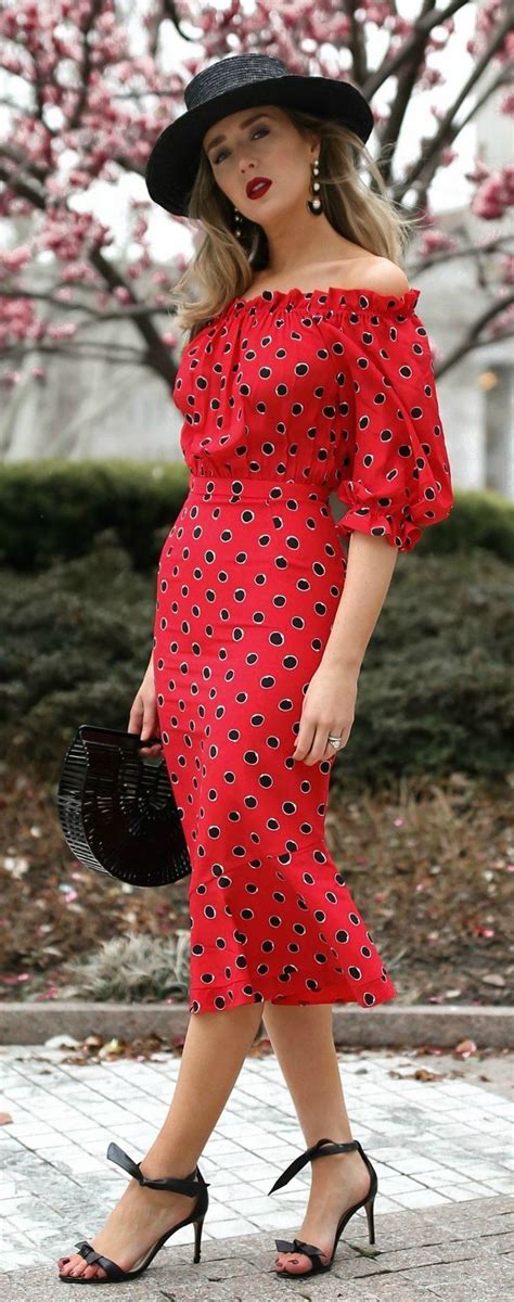 Click For Outfit Details Red Polka Dot Off The Shoulder Midi Dress