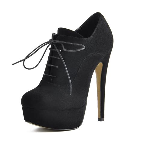 platform lace  stiletto high heels black suede leather ankle bootie
