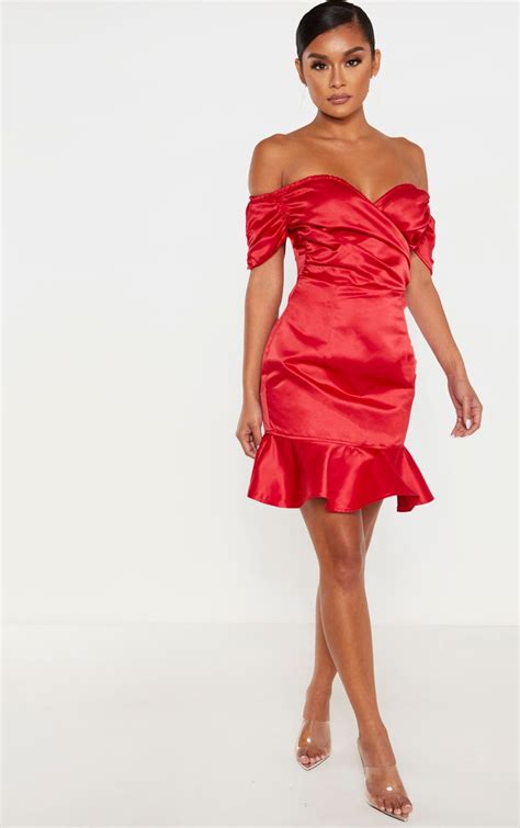 Red Bonded Satin Bardot Wrap Front Bodycon Dress Prettylittlething