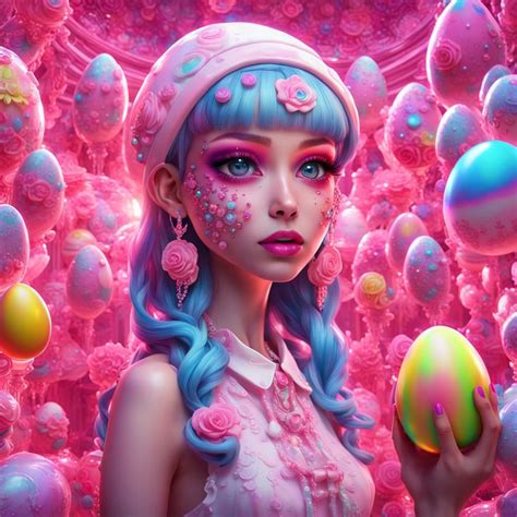 Neo Harajuku Girl With Glowing Rainbow Eyes In A Sugar Egg With Pink