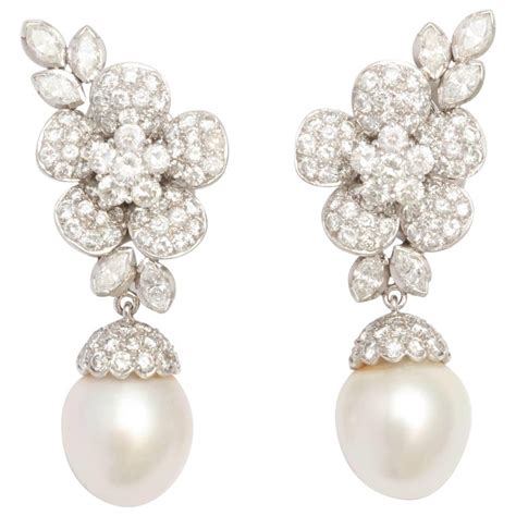 elegant 1960 platinum pearl and diamond pendent earrings for sale at