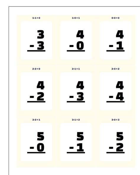 subtraction flash cards