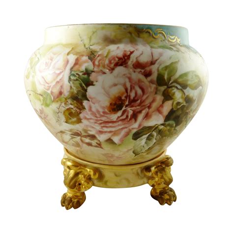 limoges jardiniere vase planter stand hand painted  roses  chesapeake court antiques