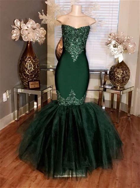 strapless mermaid tulle appliques sexy dark green prom dresses
