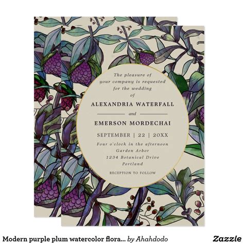 modern purple plum watercolor floral leaf wedding invitation zazzle