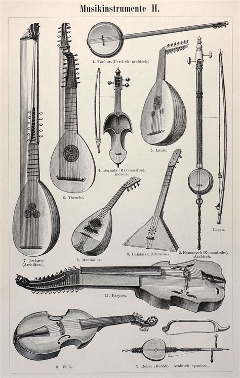 authentic vintage antique print musical instruments antique engraving