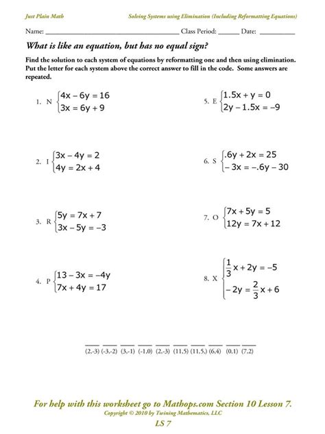 systems  linear equations worksheets systems  equations word