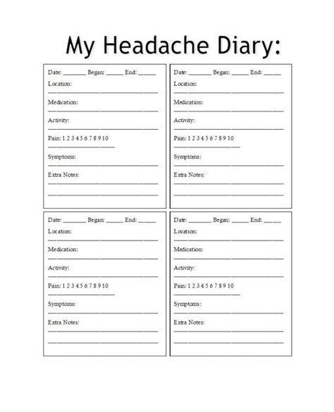 printable headache diary templates word  printabletemplates