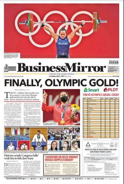 philippine newspapers banner hidilyn diaz olympic gold medal sports