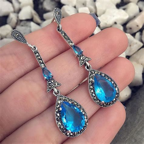buy  pair blue water drop earrings crystal vintage