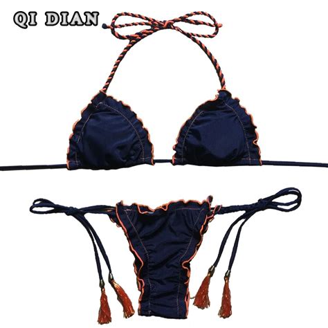 Qi Dian Tassel Bikini 2017 Sexy Push Up Swimwear Women Bandage Swimsuit