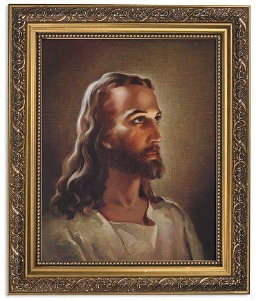 head  jesus print  ornate gold frame  glass  sallman jesus prints christian prints