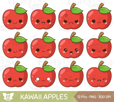 kawaii red apple clipart cute apples faces clip art fruit etsy