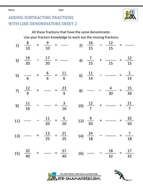 fraction worksheets adding subtracting fractions