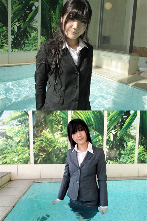 japanese wetandmessy with suit or outfit for office wetlook in an indoor pool