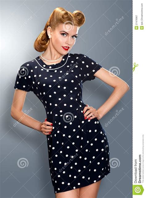 Pin Up Girl In Retro Vintage Dress Posing Stock Image