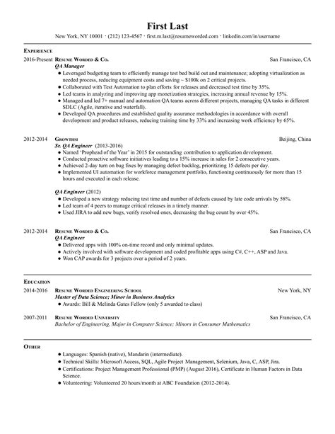 qa quality assurance manager resume examples   resume worded