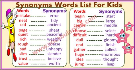 basic synonyms words list for grade 1 vocabularyan