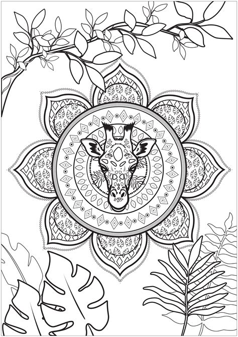 giraffe embedded   tropical mandala giraffes adult coloring pages